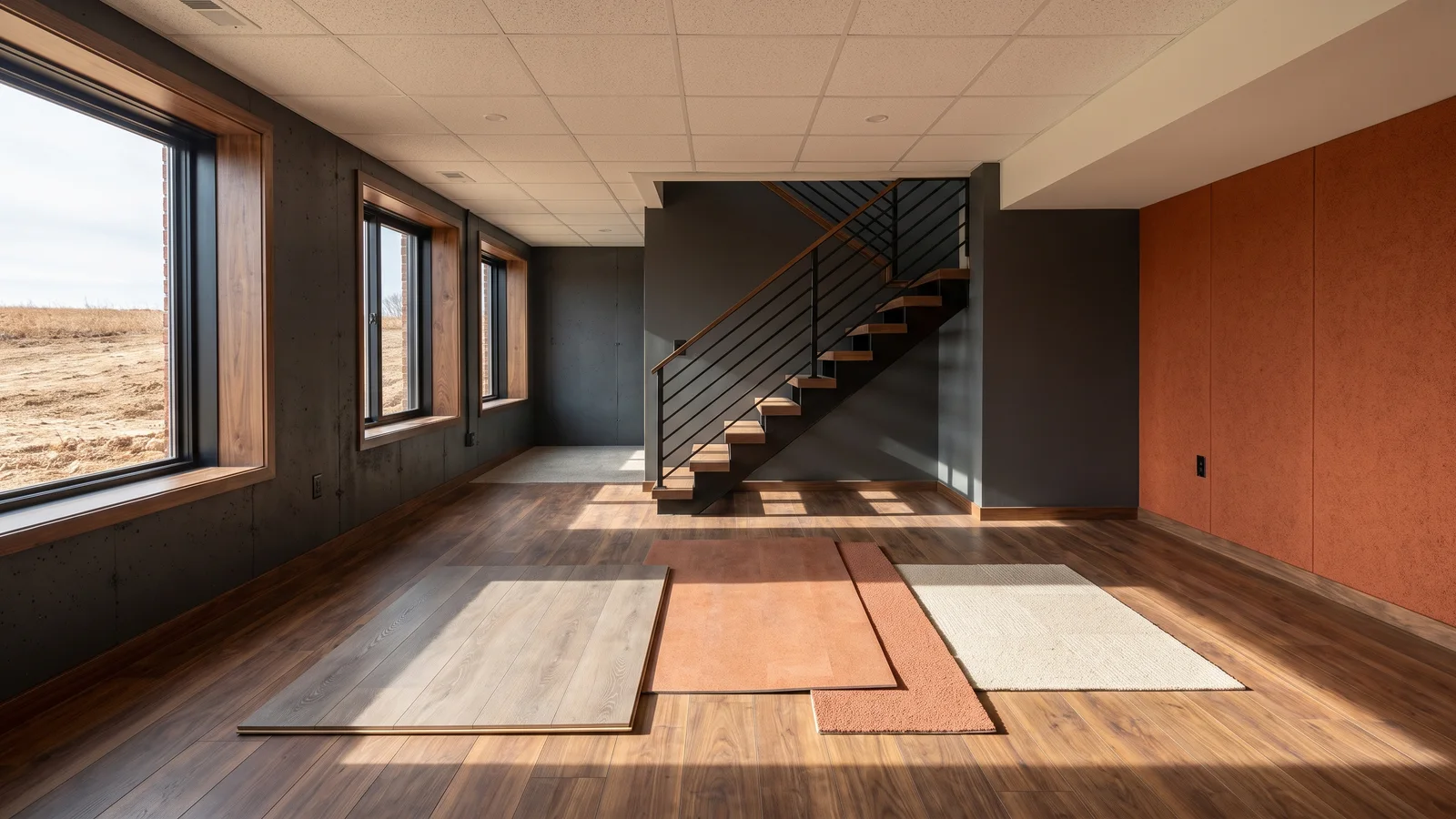 Flooring samples arranged across a finished basement floor