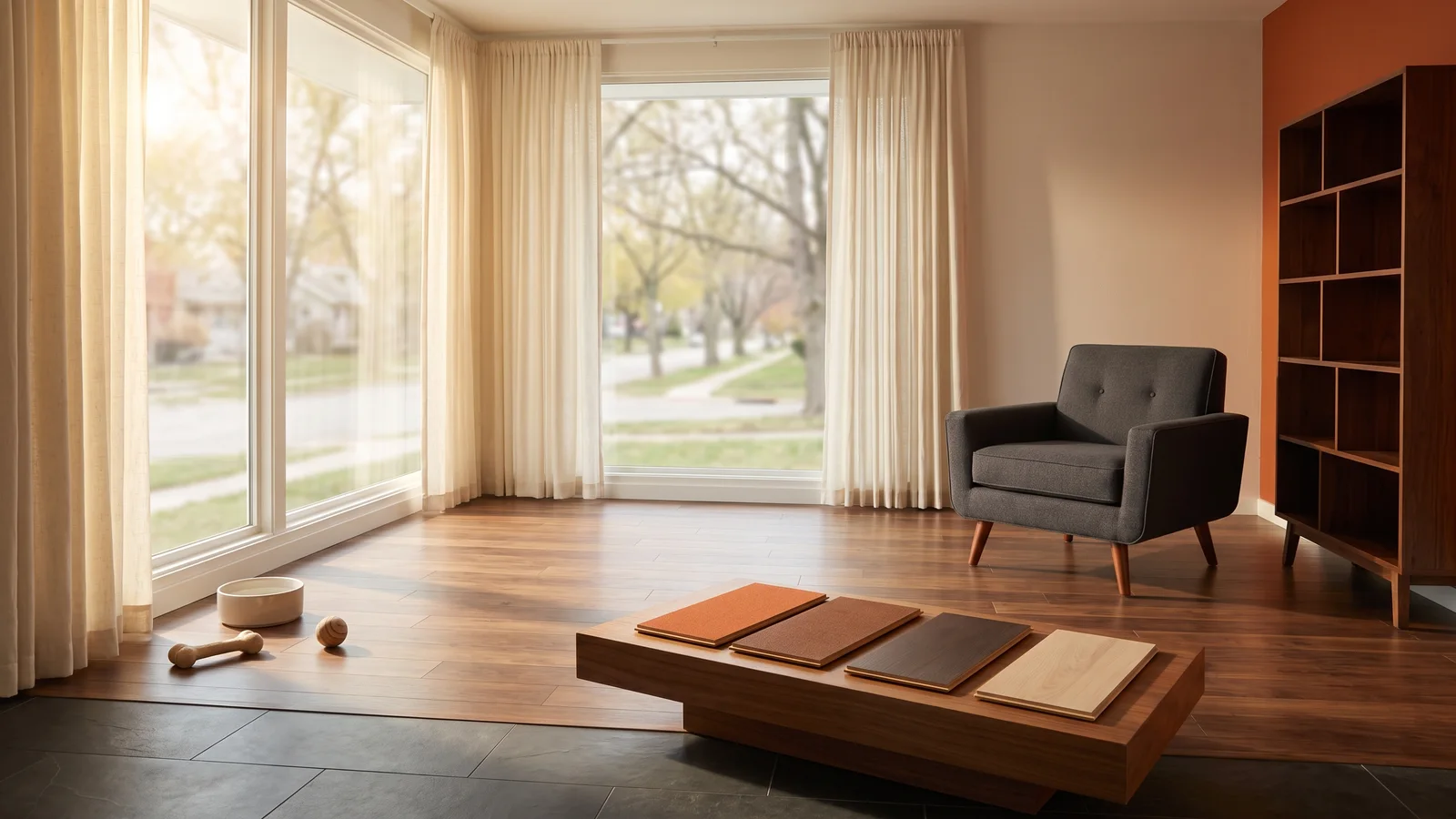 Flooring samples beside a pet bowl and toys in a bright living room