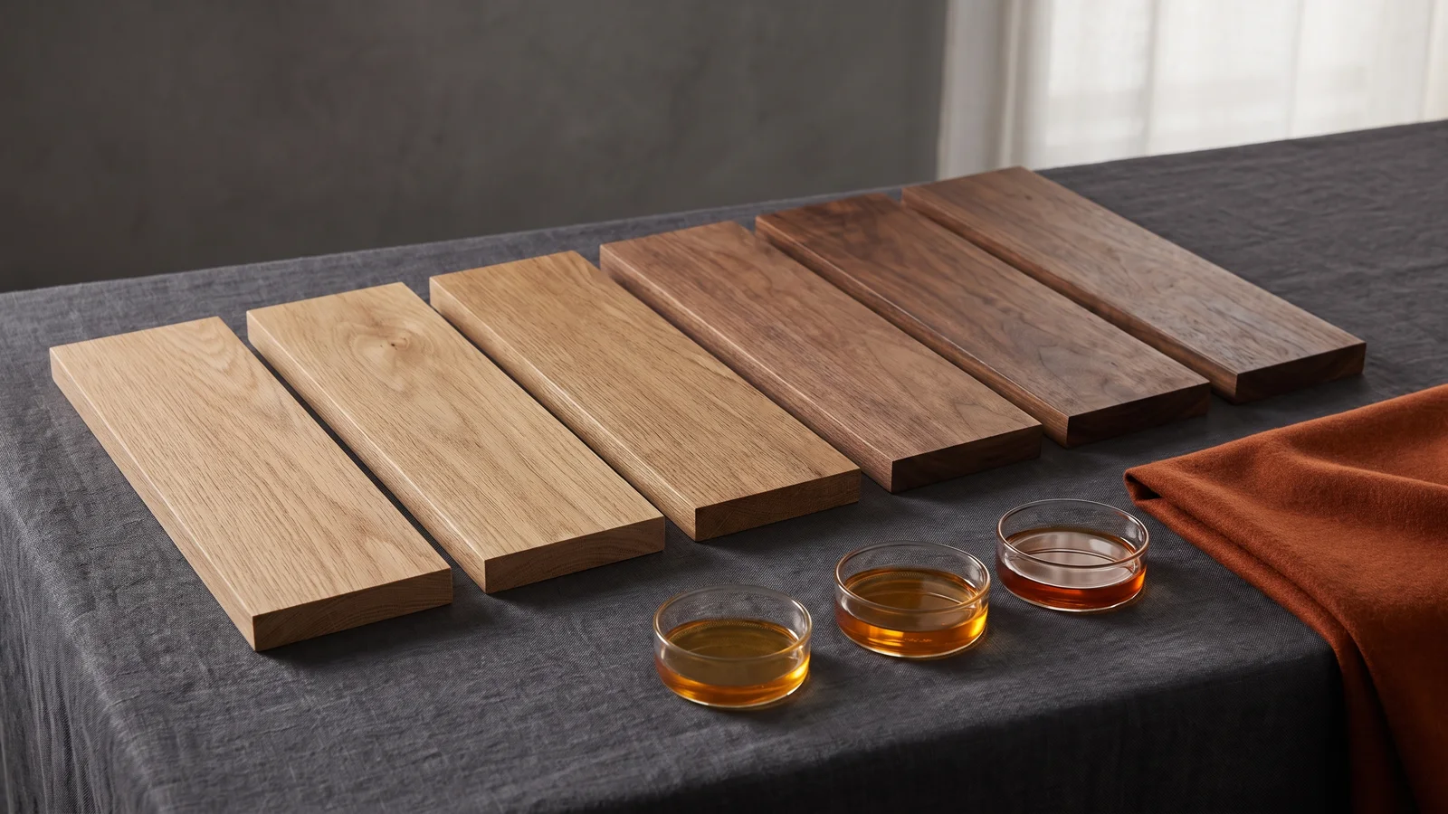 Hardwood boards in several tones arranged beside finish samples