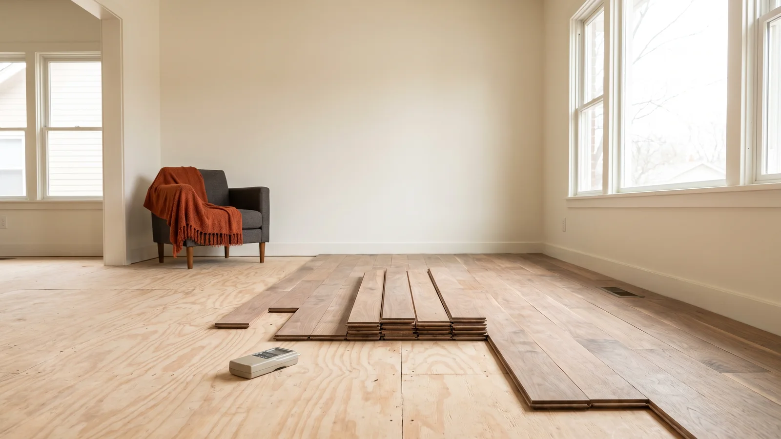 Hardwood planks and installation tools arranged beside a prepared subfloor