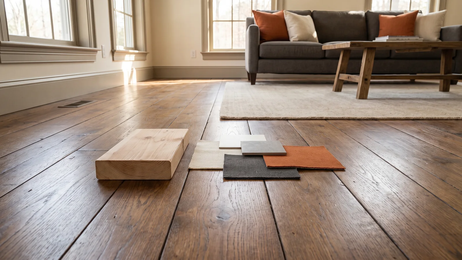 Wood and finish samples arranged on an existing hardwood floor