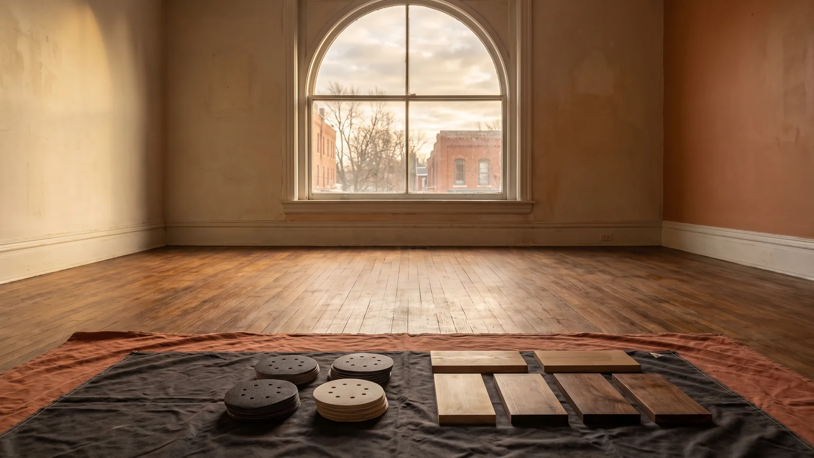 Sanding discs and wood samples prepared in an empty hardwood room