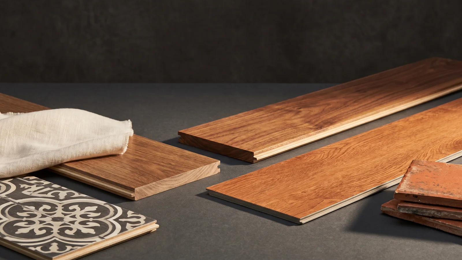 Unlabeled hardwood, vinyl plank, and laminate samples arranged for comparison