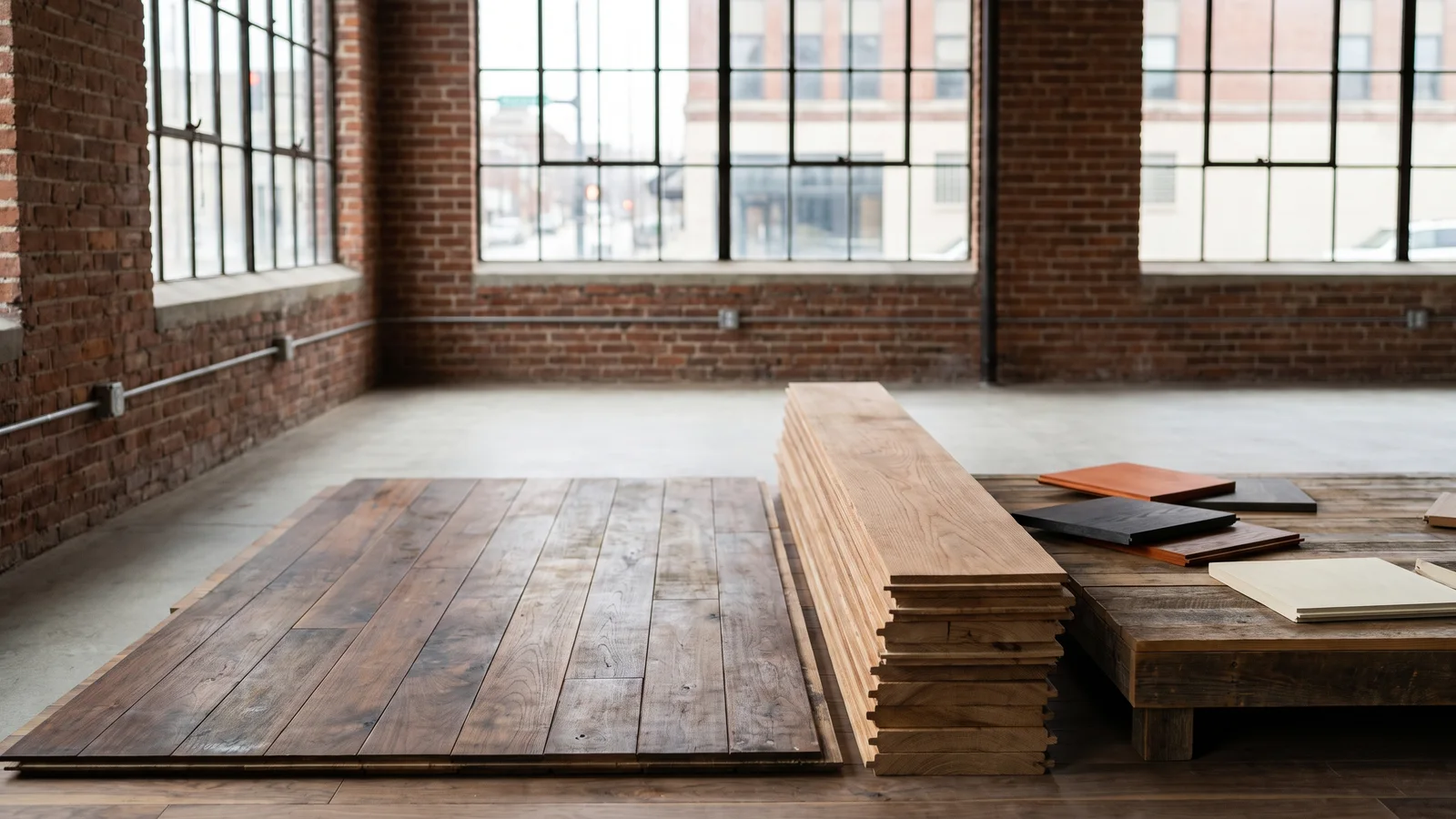 Existing hardwood flooring displayed beside stacked replacement boards