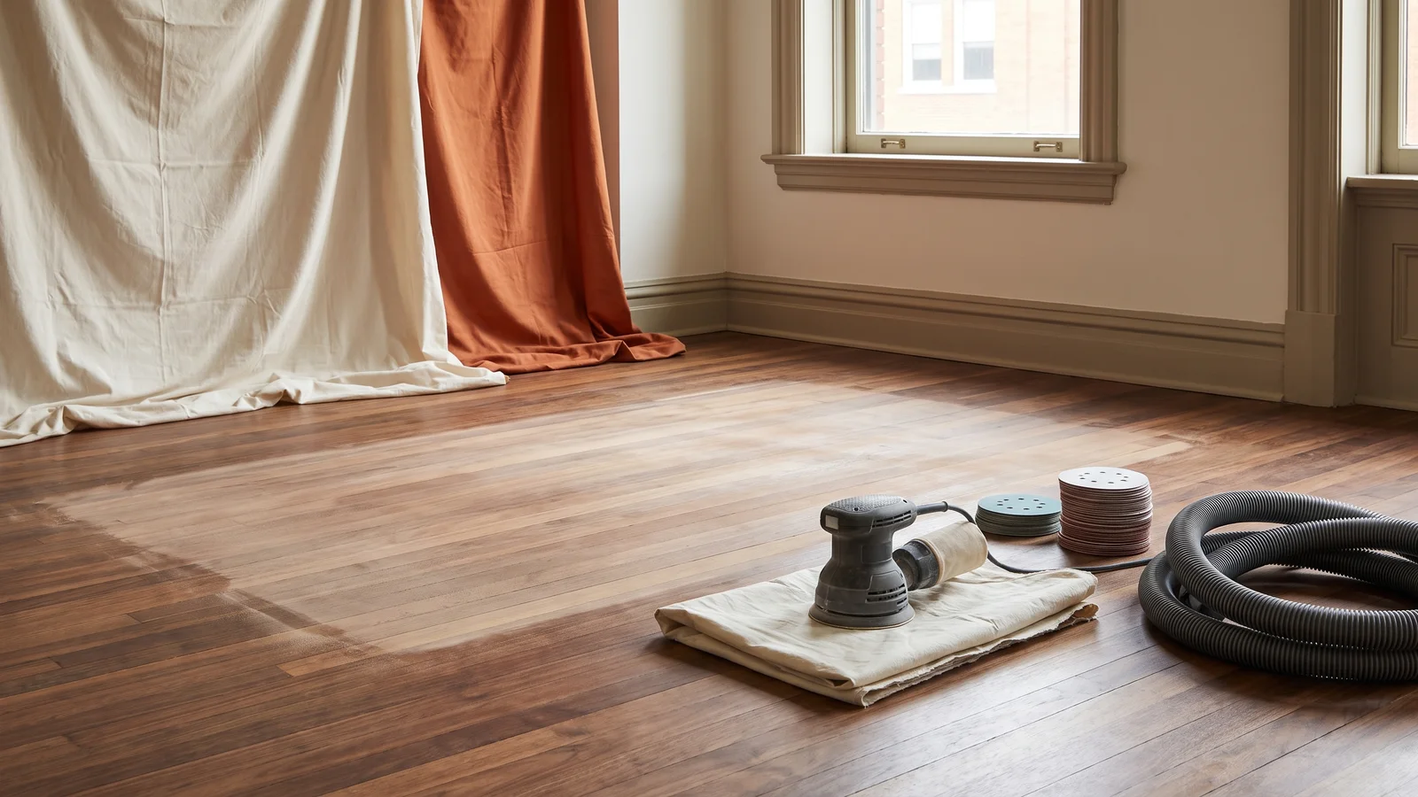 Floor sanding equipment prepared in an empty hardwood room