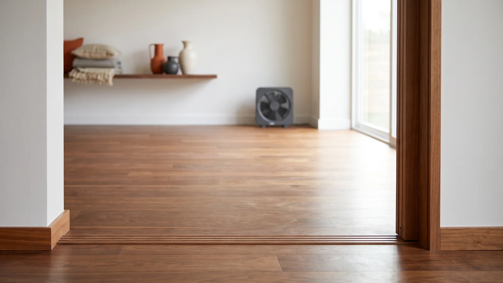 A ventilated room with an uninterrupted newly finished hardwood floor